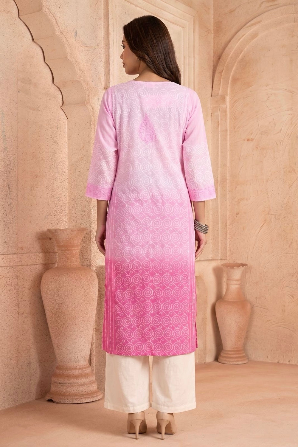 Pink Ombre Kurta with Hand Chikankari, Block Print & Shaded Dye