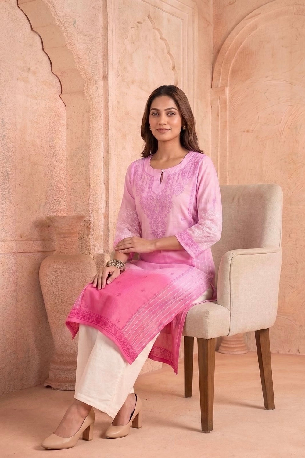 Pink Ombre Kurta with Hand Chikankari, Block Print & Shaded Dye
