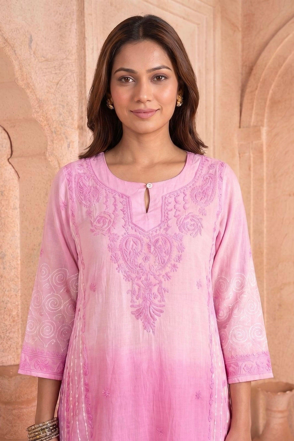 Pink Ombre Kurta with Hand Chikankari, Block Print & Shaded Dye
