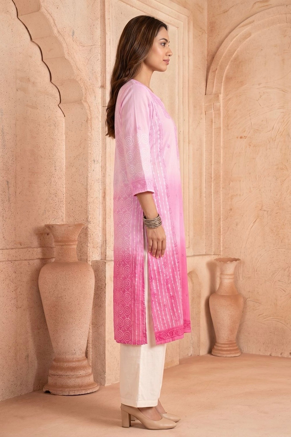 Pink Ombre Kurta with Hand Chikankari, Block Print & Shaded Dye
