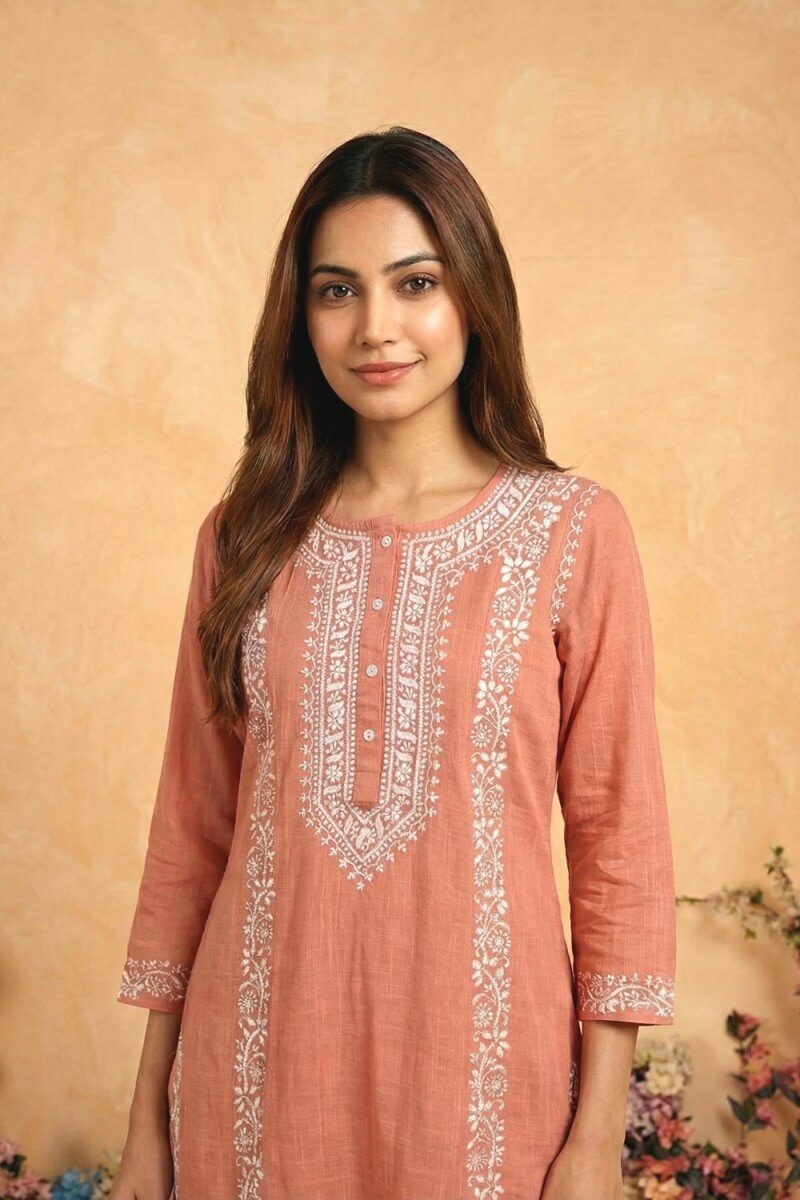 Peach Noor Hand Chikankari Cotton Slub Kurta Set