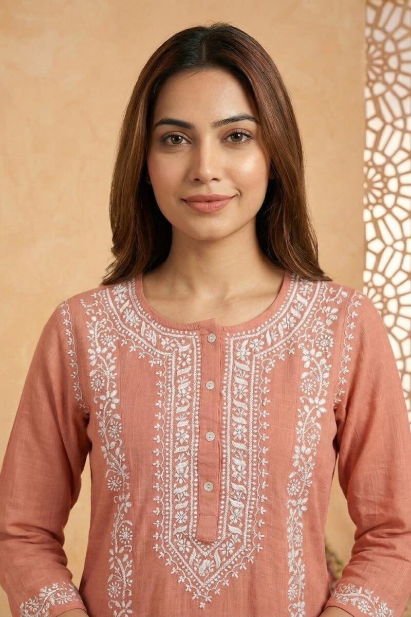 Peach Noor Hand Chikankari Cotton Slub Kurta Set
