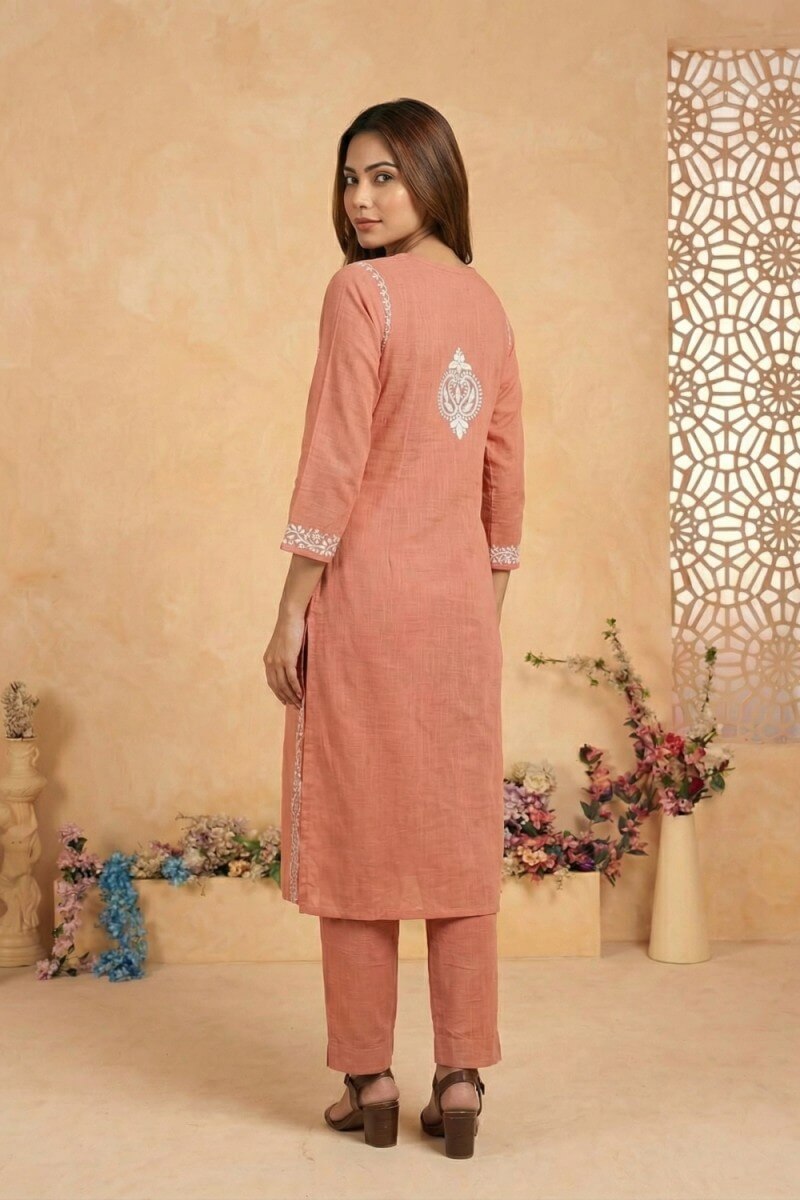 Peach Noor Hand Chikankari Cotton Slub Kurta Set