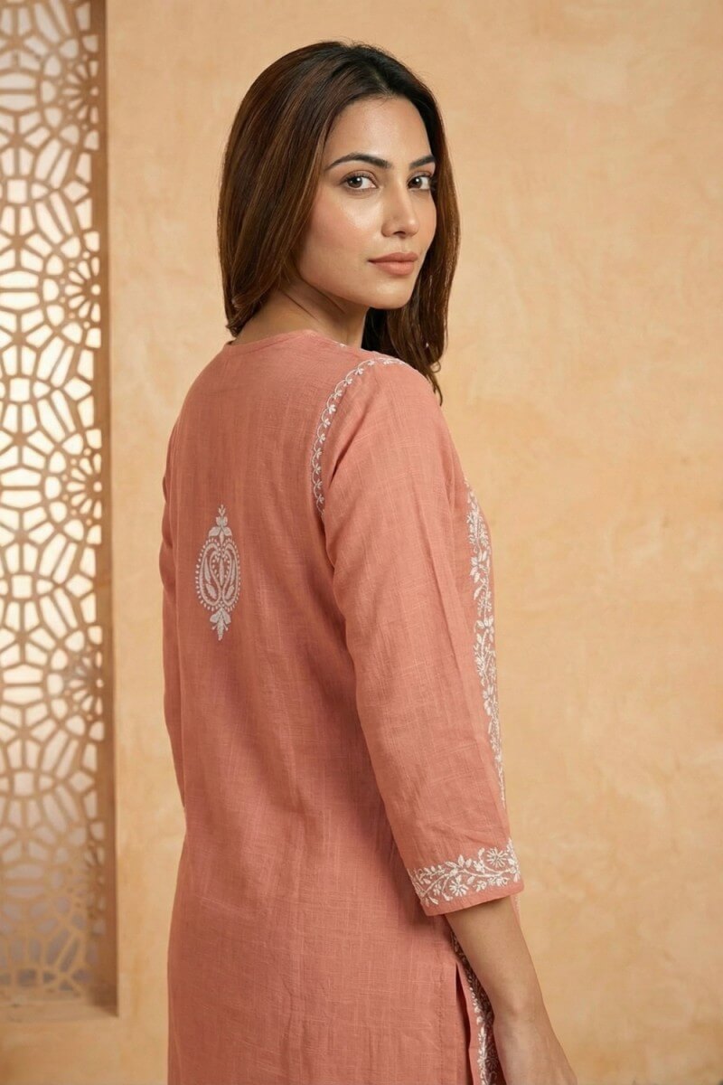 Peach Noor Hand Chikankari Cotton Slub Kurta Set