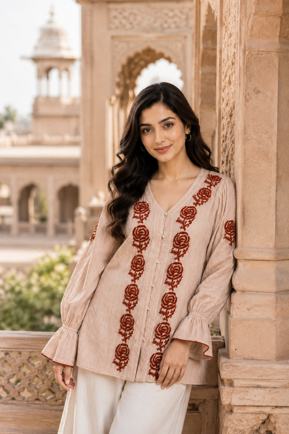 Gulnaar Rose Hand Chikankari Cotton Dobby Top