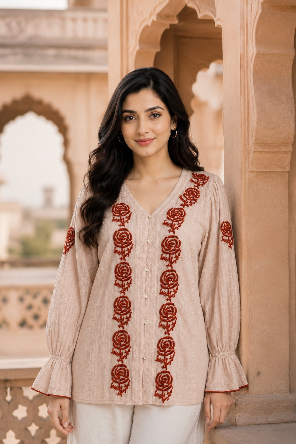 Gulnaar Rose Hand Chikankari Cotton Dobby Top