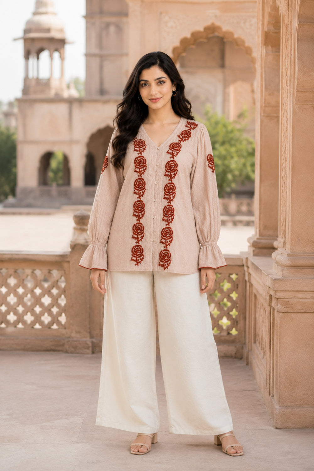 Gulnaar Rose Hand Chikankari Cotton Dobby Top