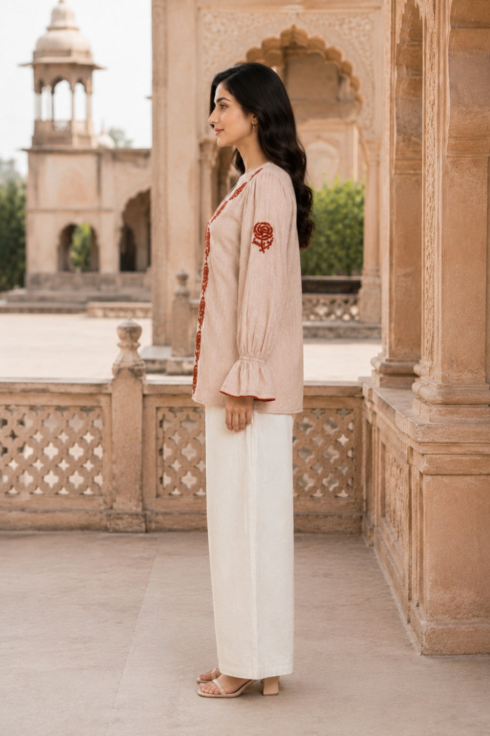 Gulnaar Rose Hand Chikankari Cotton Dobby Top