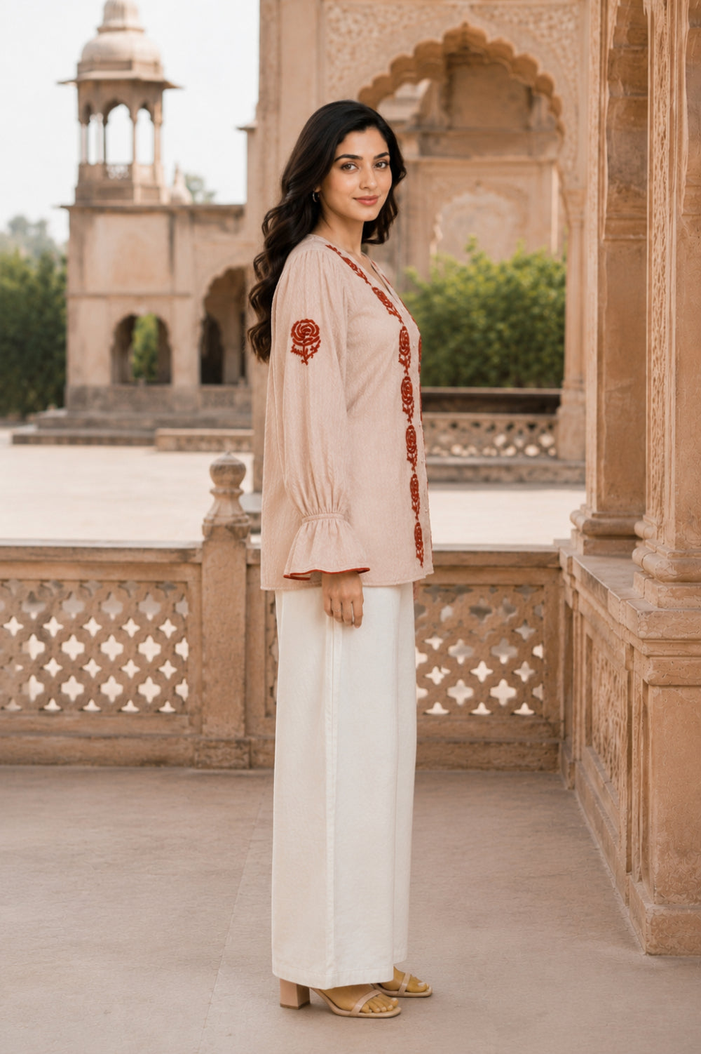 Gulnaar Rose Hand Chikankari Cotton Dobby Top
