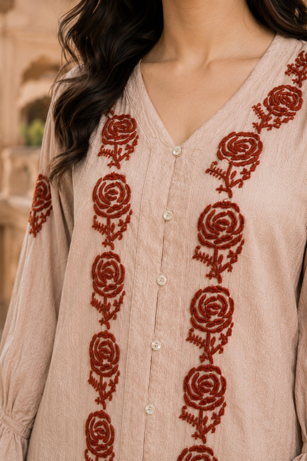 Gulnaar Rose Hand Chikankari Cotton Dobby Top