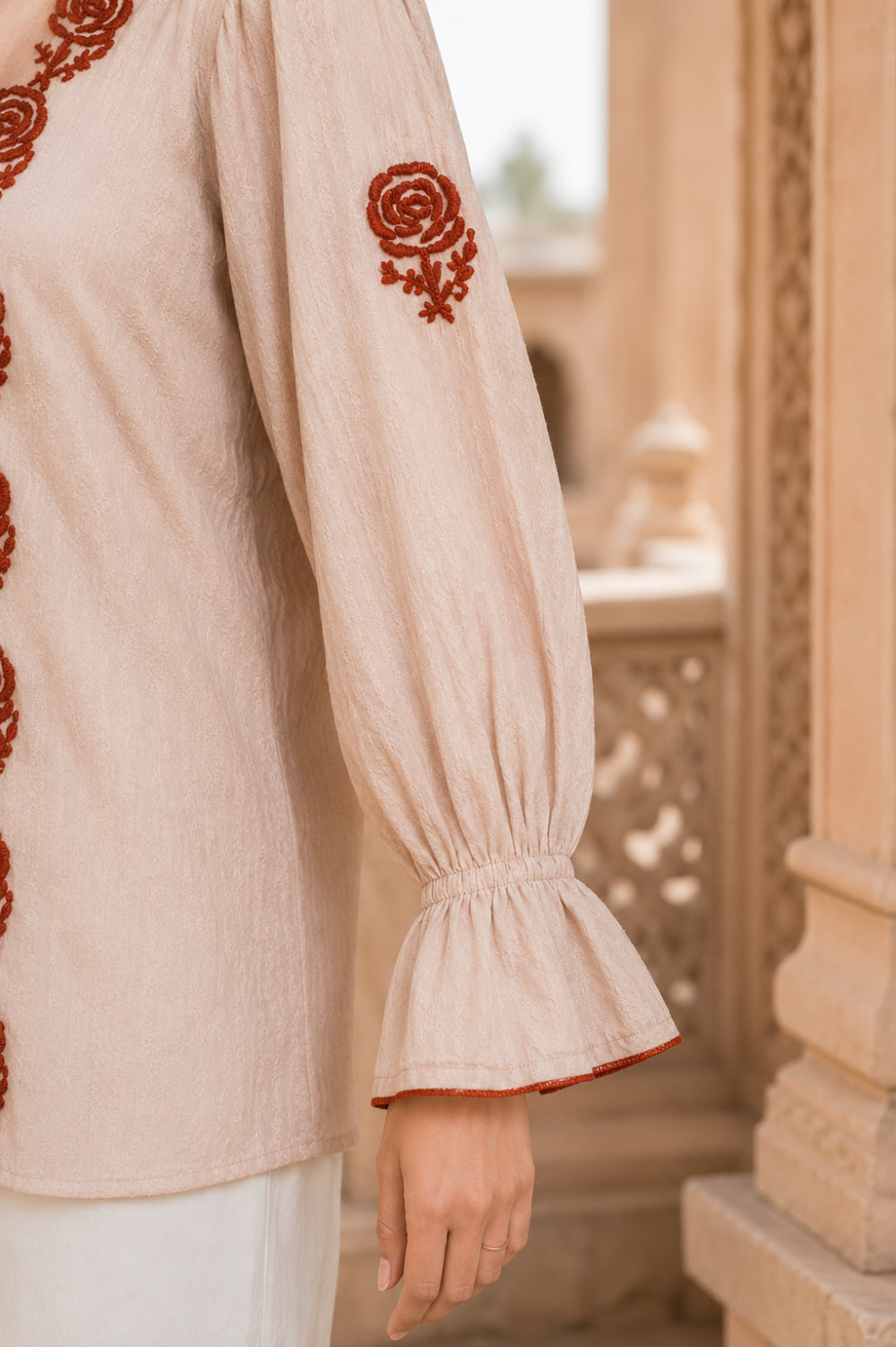 Gulnaar Rose Hand Chikankari Cotton Dobby Top