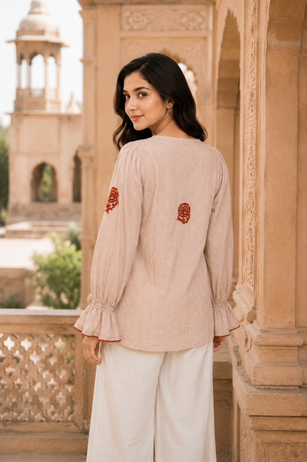 Gulnaar Rose Hand Chikankari Cotton Dobby Top