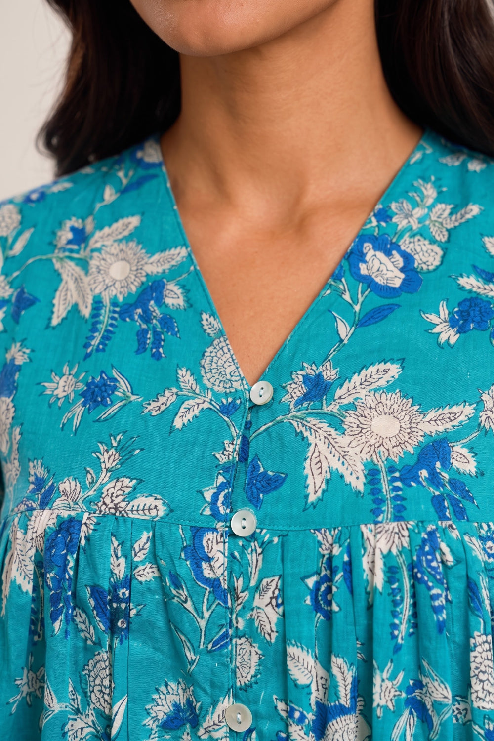 Neel Aabha Hand Block Printed Gather Top