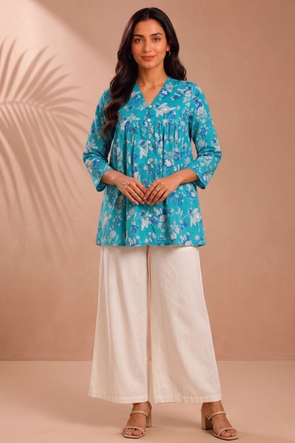 Neel Aabha Hand Block Printed Gather Top