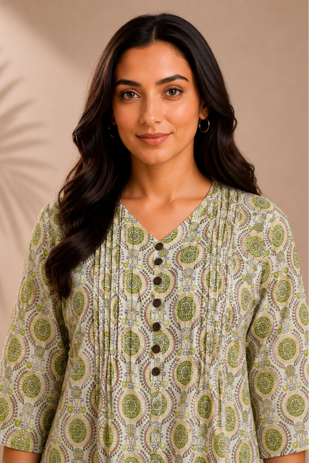 Meher Olive Hand Block Print Pintuck Top