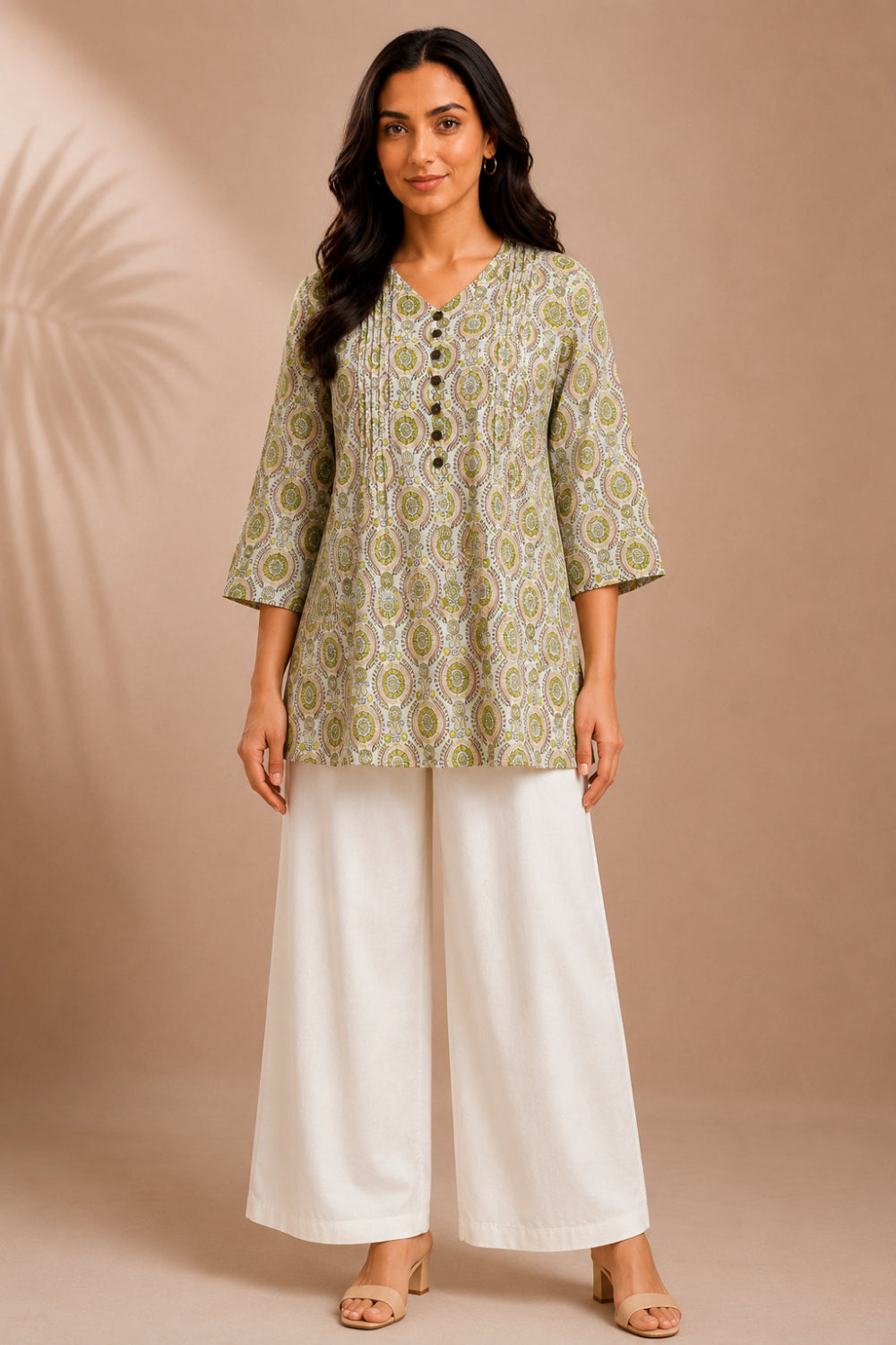 Meher Olive Hand Block Print Pintuck Top