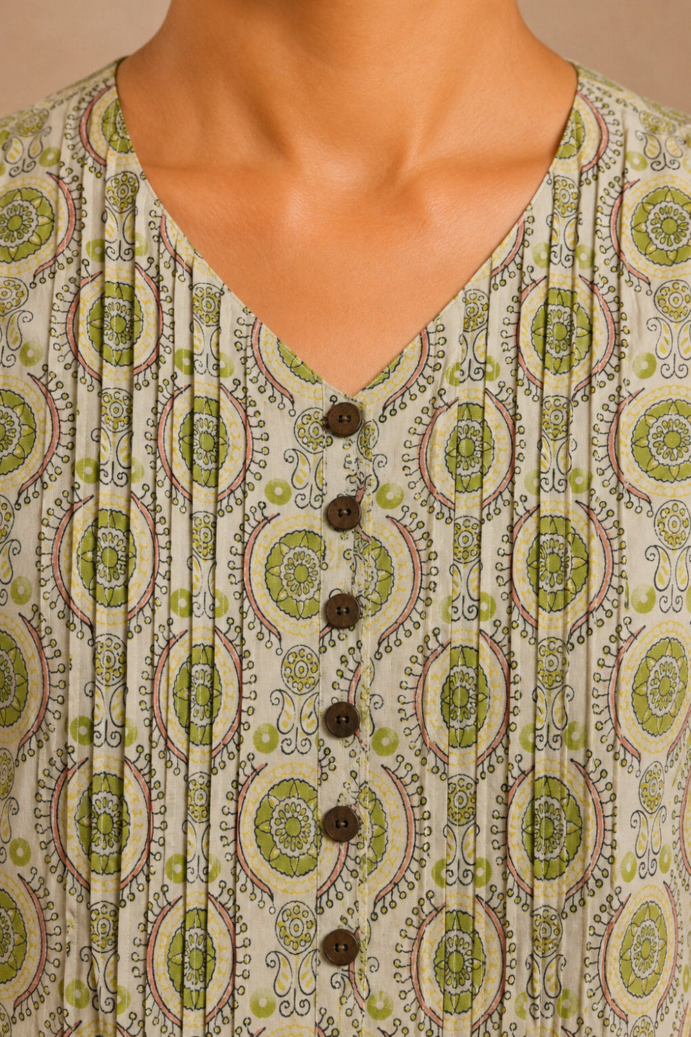Meher Olive Hand Block Print Pintuck Top