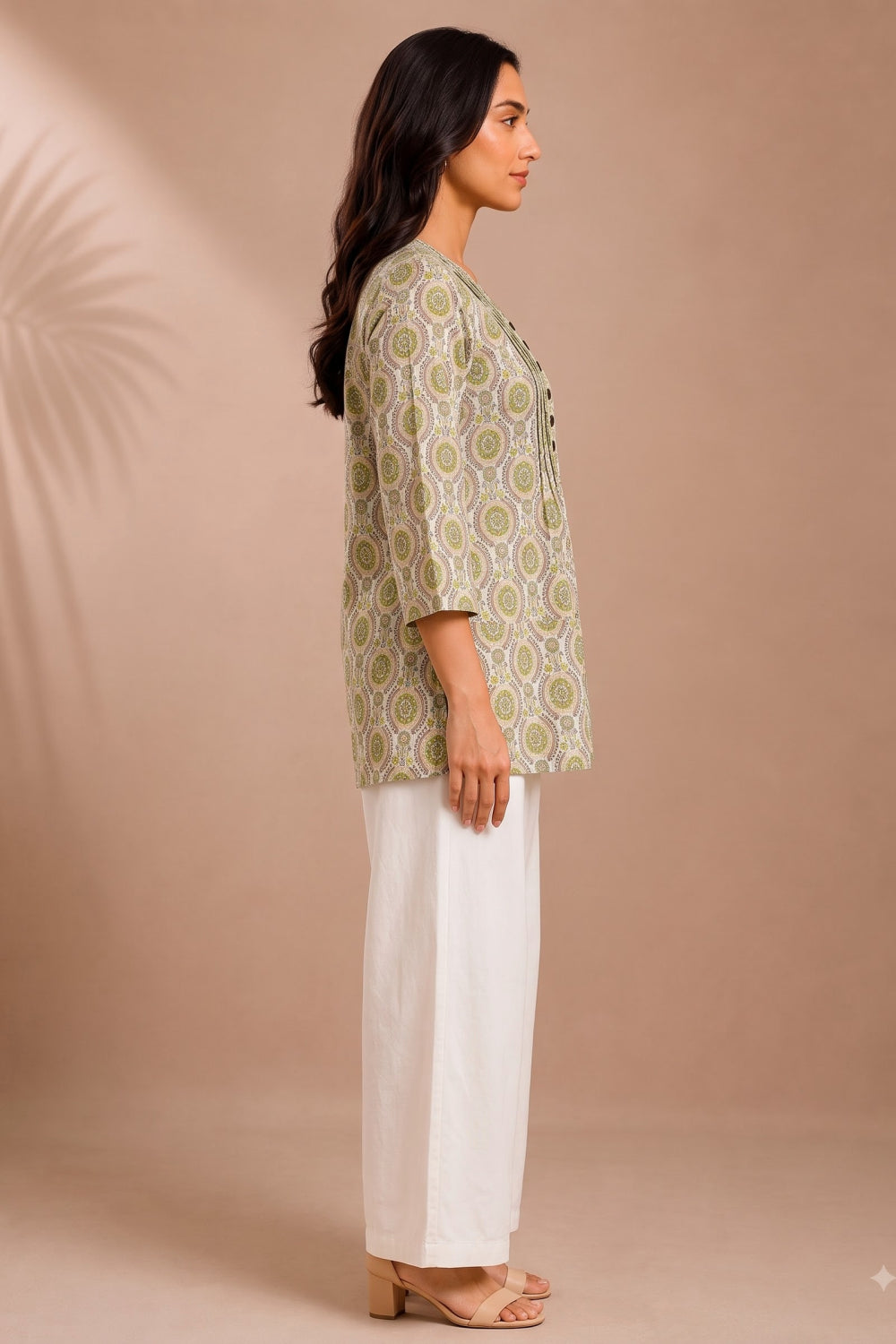 Meher Olive Hand Block Print Pintuck Top