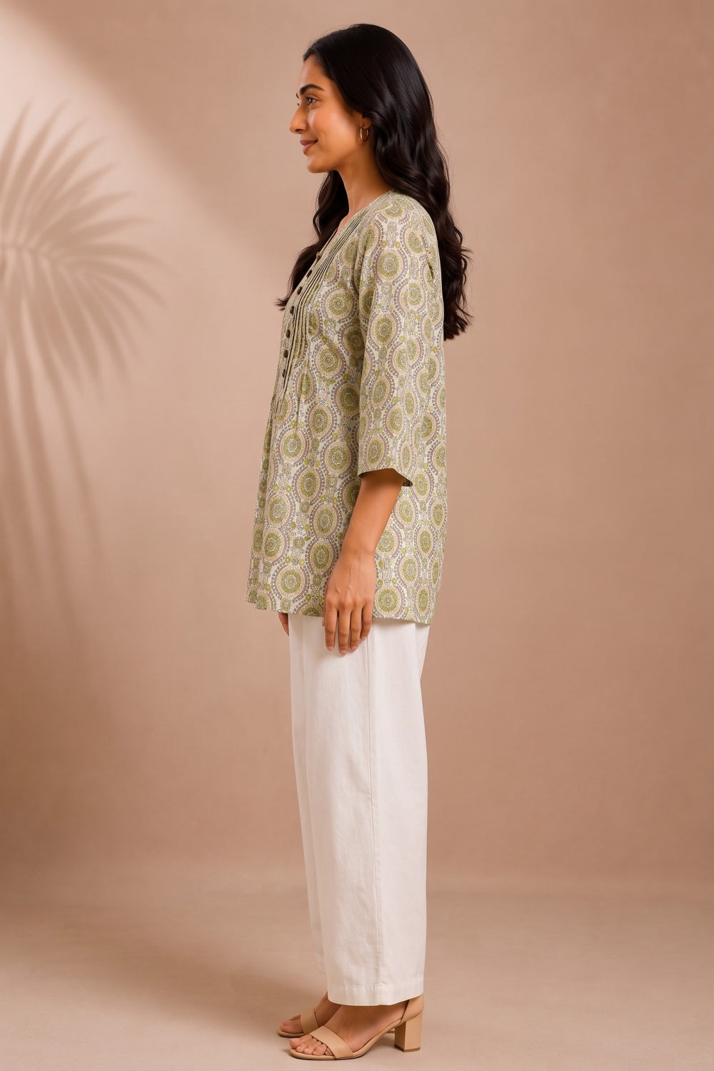 Meher Olive Hand Block Print Pintuck Top