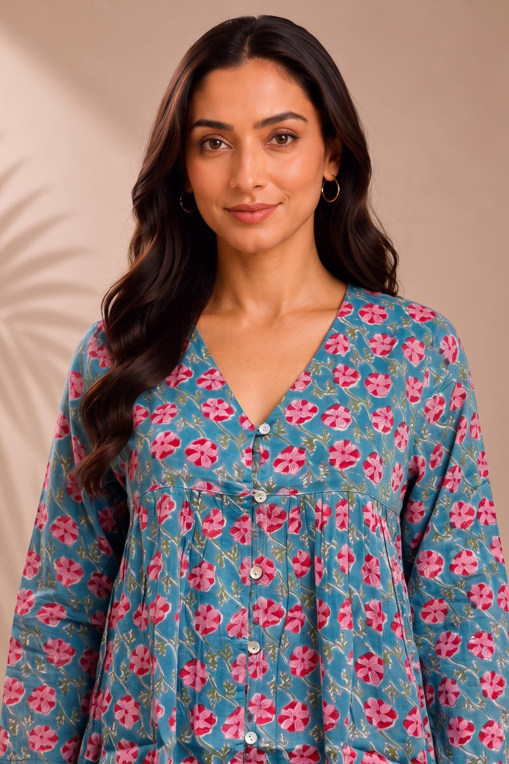 Gulnaar Teal Hand Block Print Modal Satin Gather Top