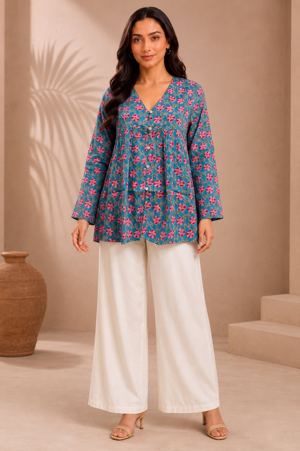 Gulnaar Teal Hand Block Print Modal Satin Gather Top