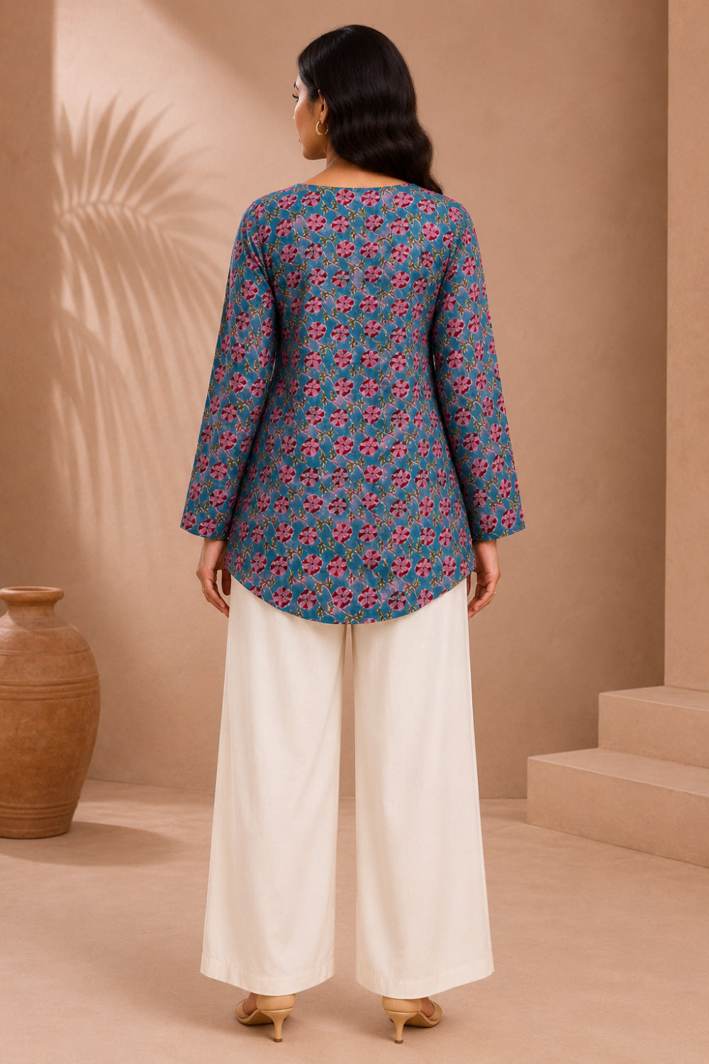 Gulnaar Teal Hand Block Print Modal Satin Gather Top