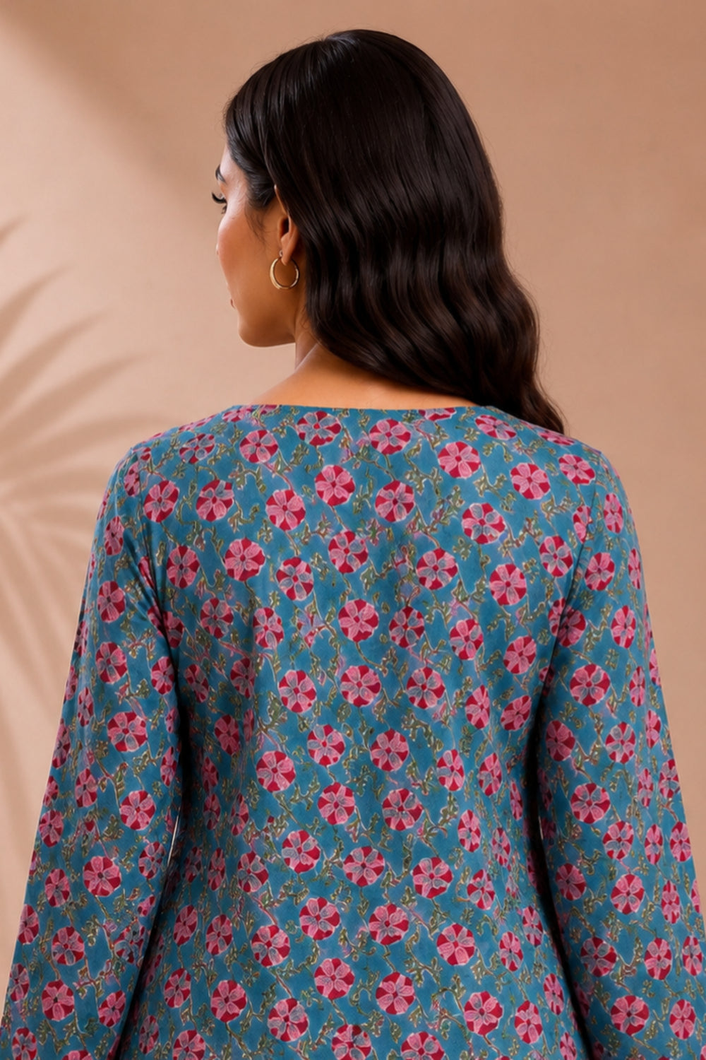 Gulnaar Teal Hand Block Print Modal Satin Gather Top