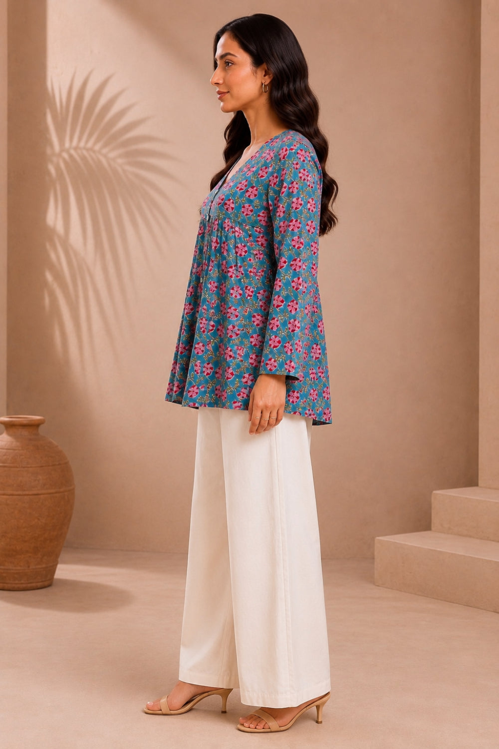 Gulnaar Teal Hand Block Print Modal Satin Gather Top