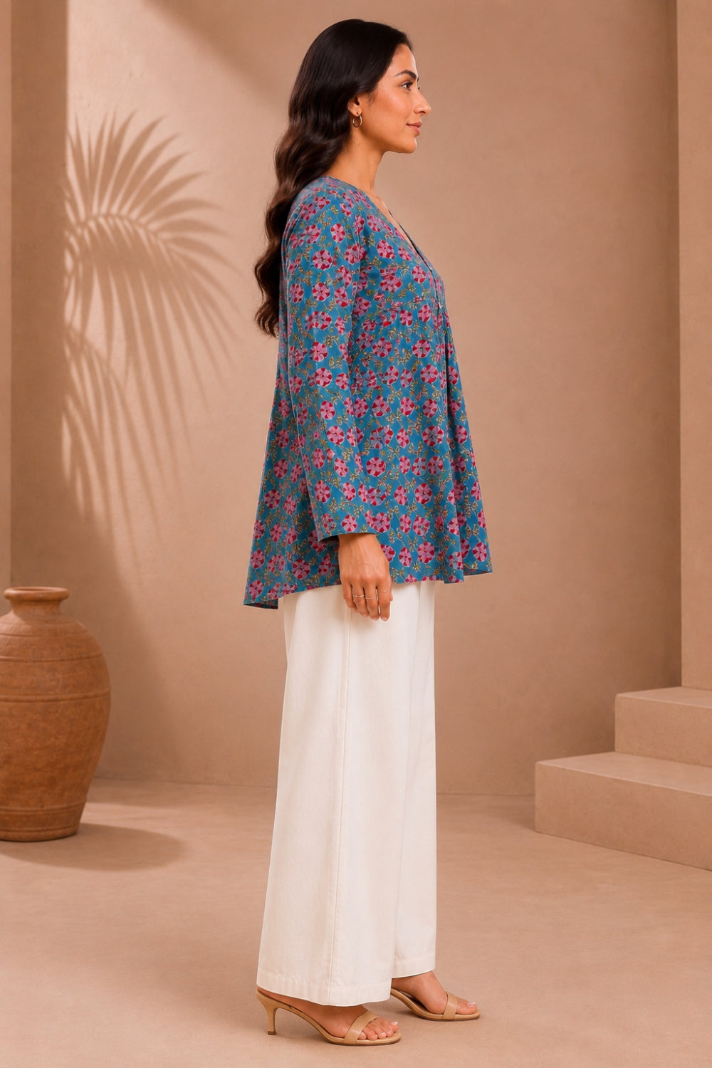 Gulnaar Teal Hand Block Print Modal Satin Gather Top