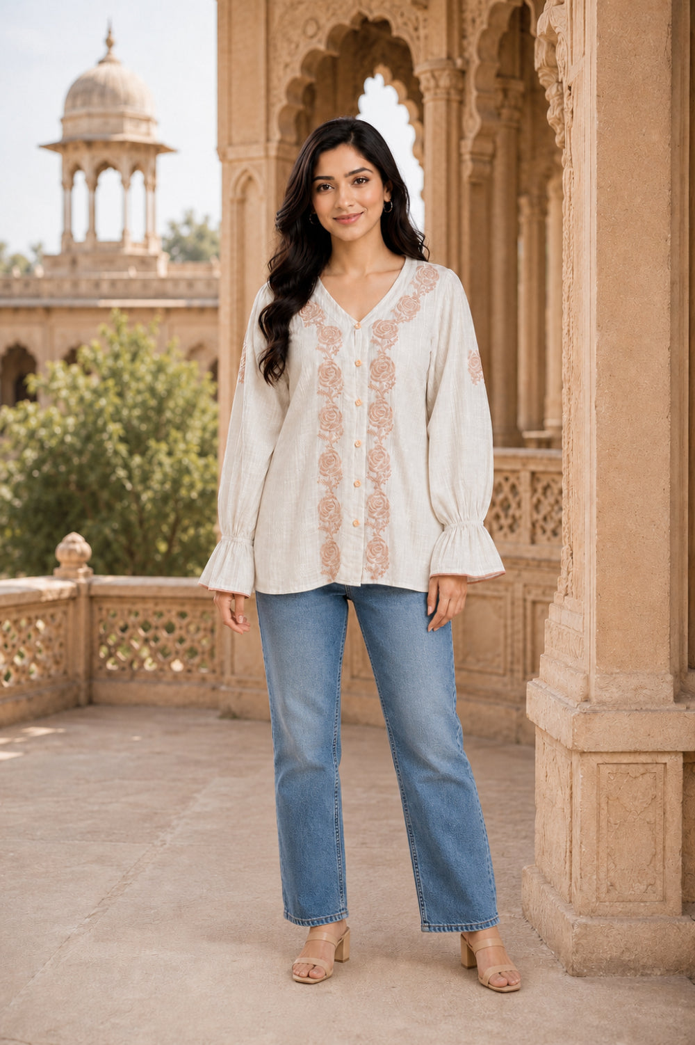 Ivory Gulab Hand Chikankari Cotton Dobby Top