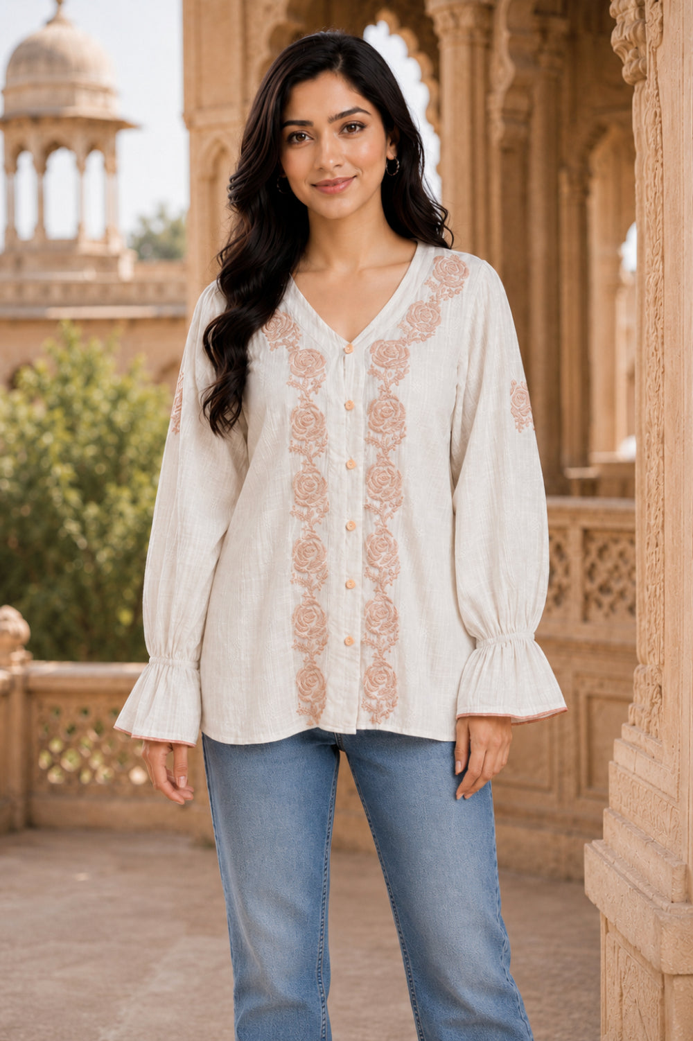Ivory Gulab Hand Chikankari Cotton Dobby Top