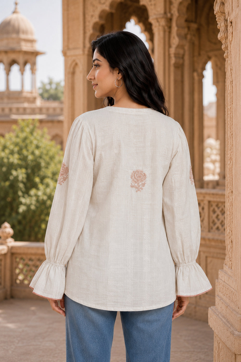 Ivory Gulab Hand Chikankari Cotton Dobby Top