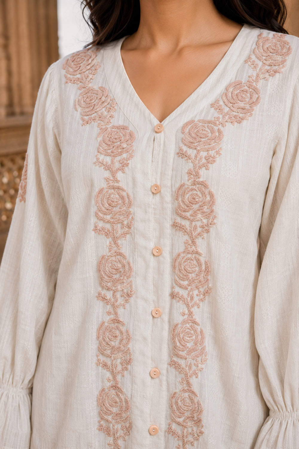 Ivory Gulab Hand Chikankari Cotton Dobby Top