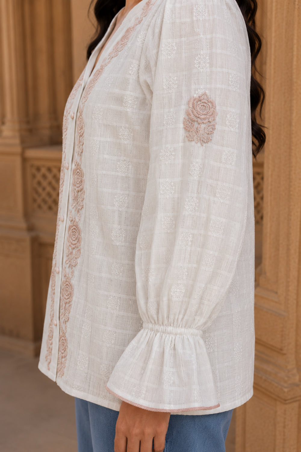 Ivory Gulab Hand Chikankari Cotton Dobby Top