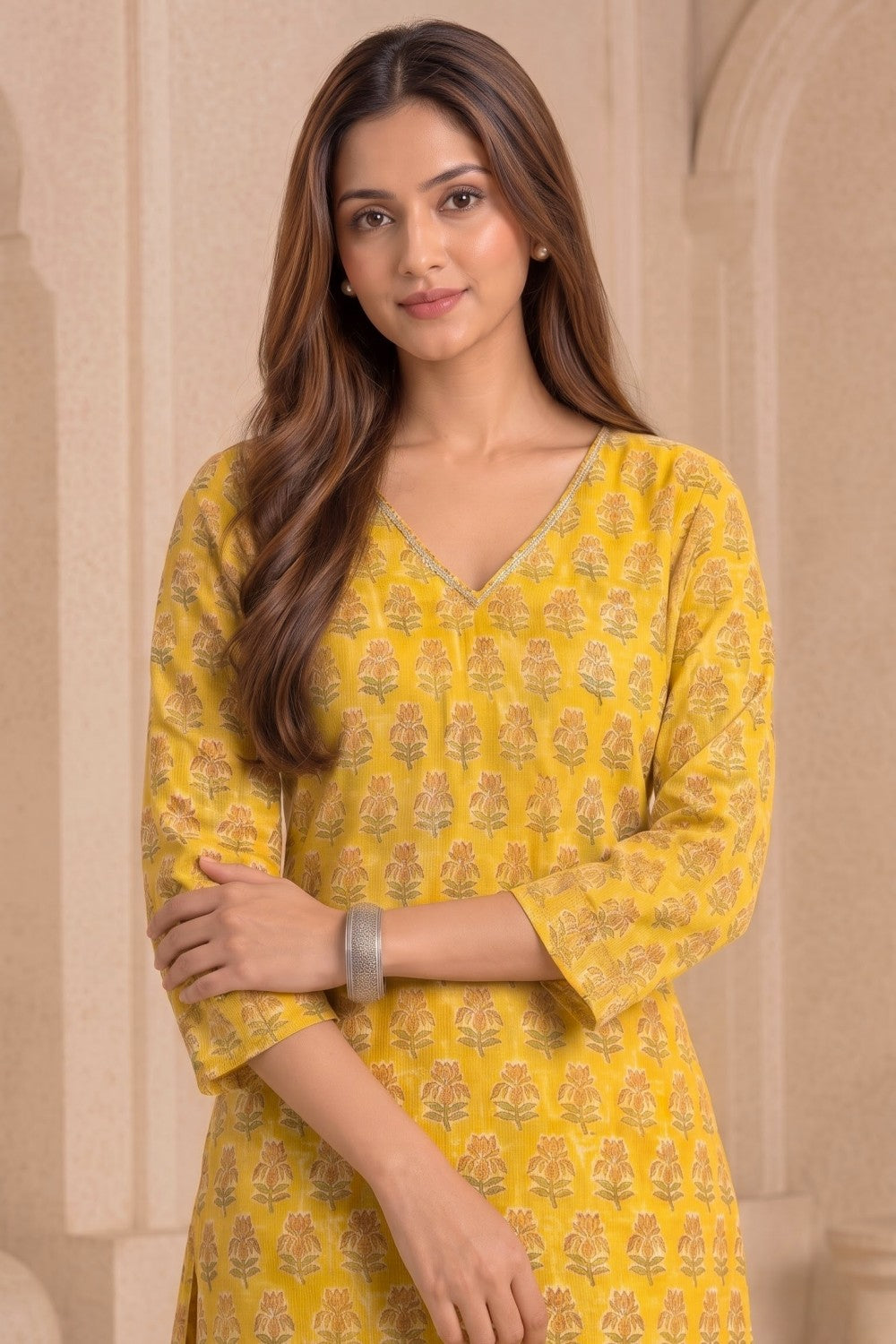 Mustard Yellow Kota Doriya Kurta with Adda Embroidery on Neckline