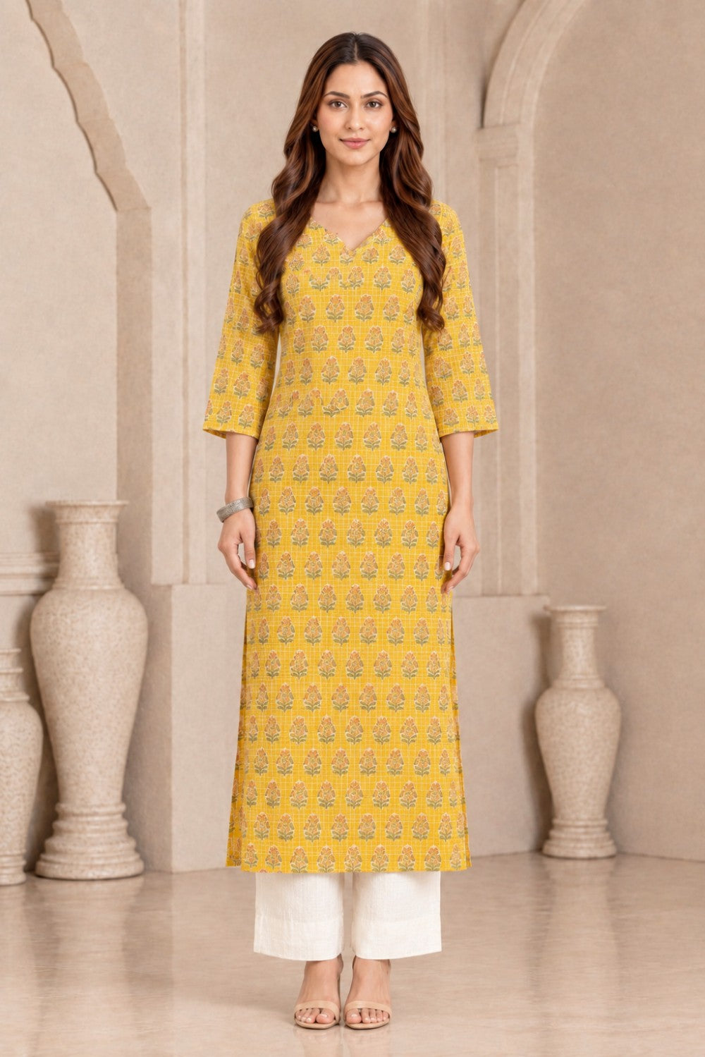 Mustard Yellow Kota Doriya Kurta with Adda Embroidery on Neckline