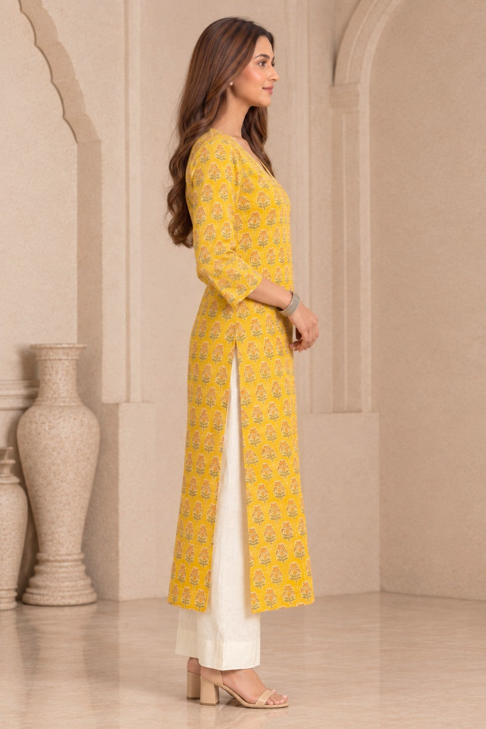 Mustard Yellow Kota Doriya Kurta with Adda Embroidery on Neckline