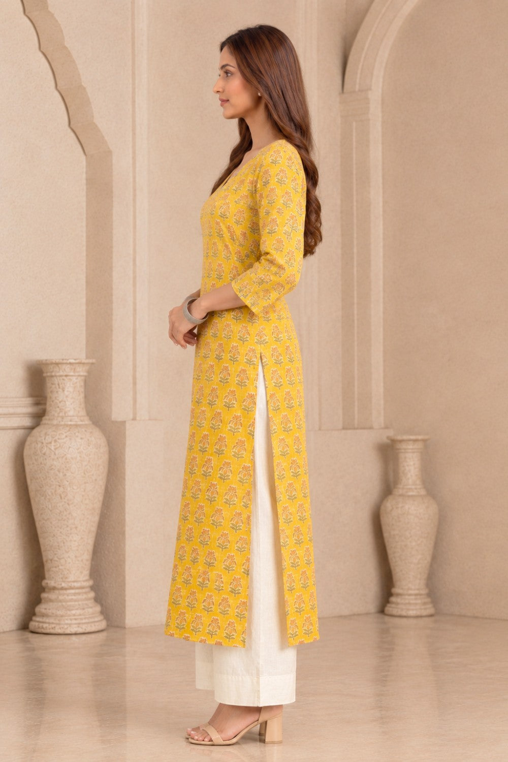 Mustard Yellow Kota Doriya Kurta with Adda Embroidery on Neckline