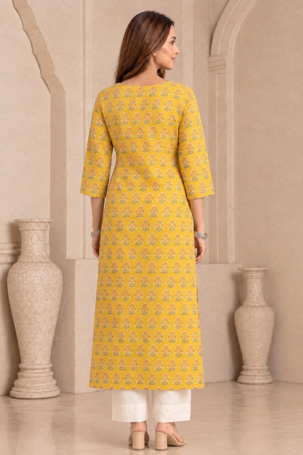 Mustard Yellow Kota Doriya Kurta with Adda Embroidery on Neckline