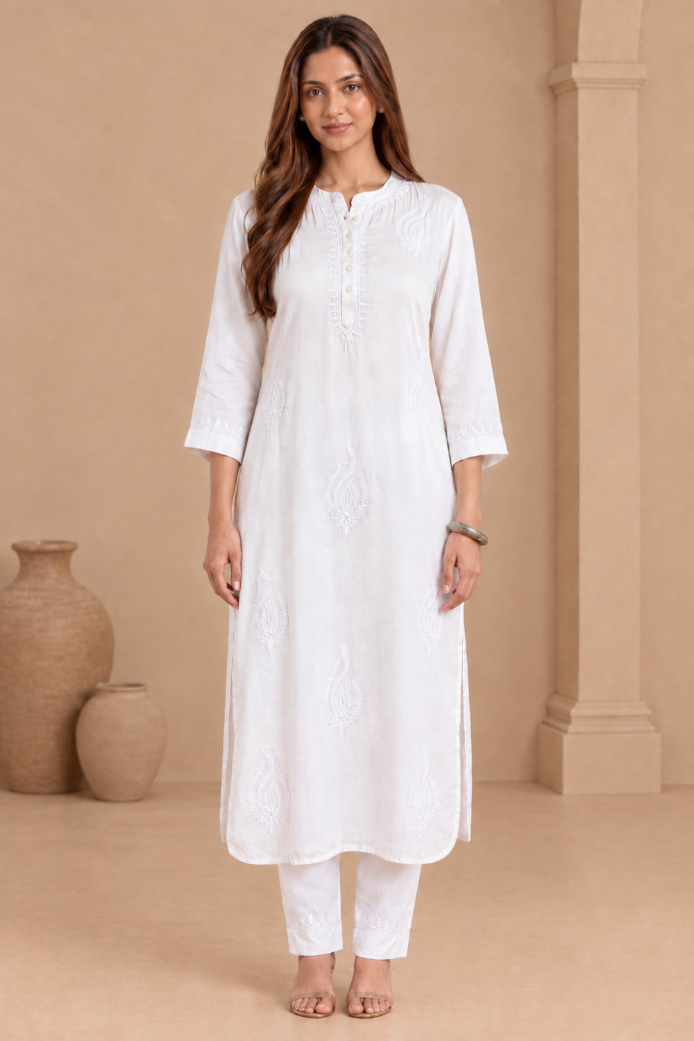 Modal Satin white kurta with murri work
