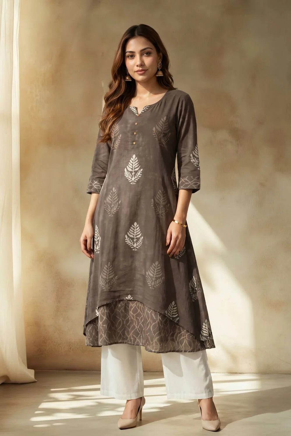 Smoky Fern Mulmul Layered Dress