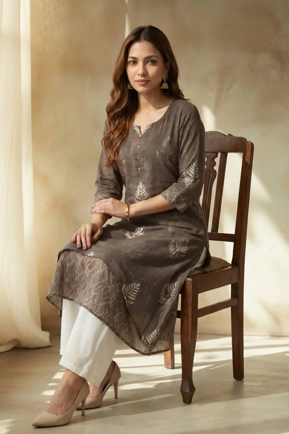 Smoky Fern Mulmul Layered Dress