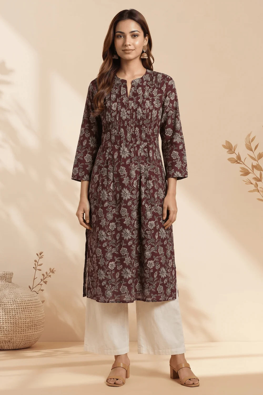 Mehraz Floral Pintuck Cotton Kurta