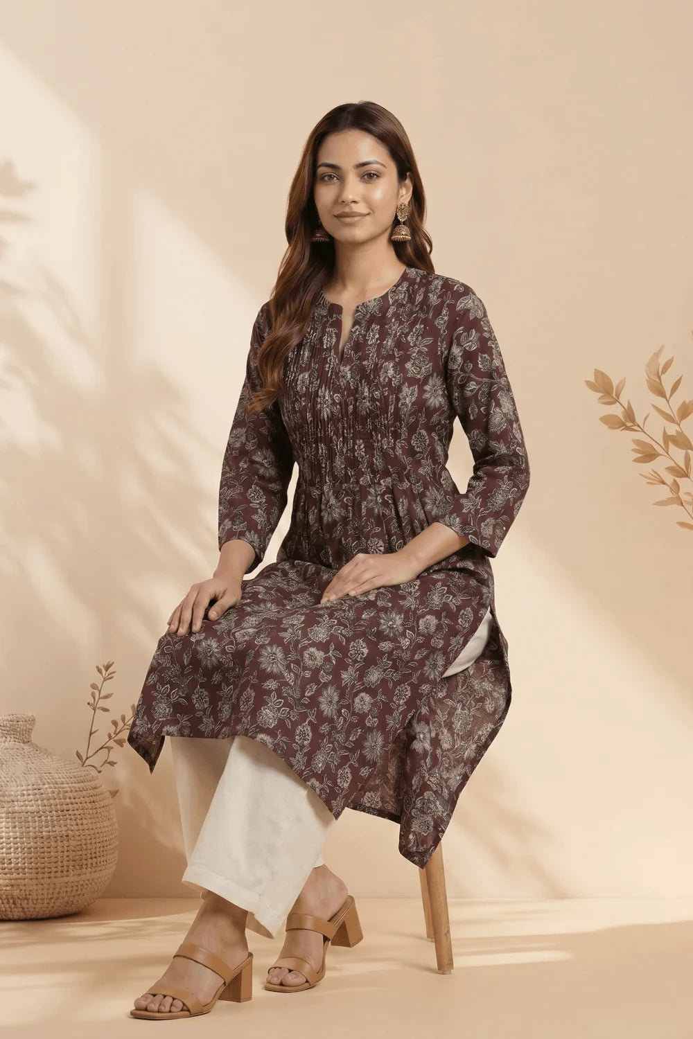 Mehraz Floral Pintuck Cotton Kurta