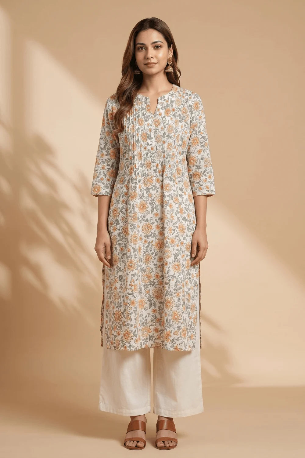 Golden Bloom Hand Block Cotton Pintuck Kurta