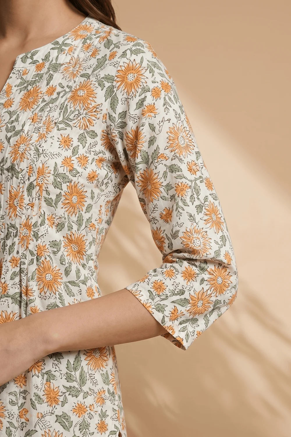 Golden Bloom Hand Block Cotton Pintuck Kurta