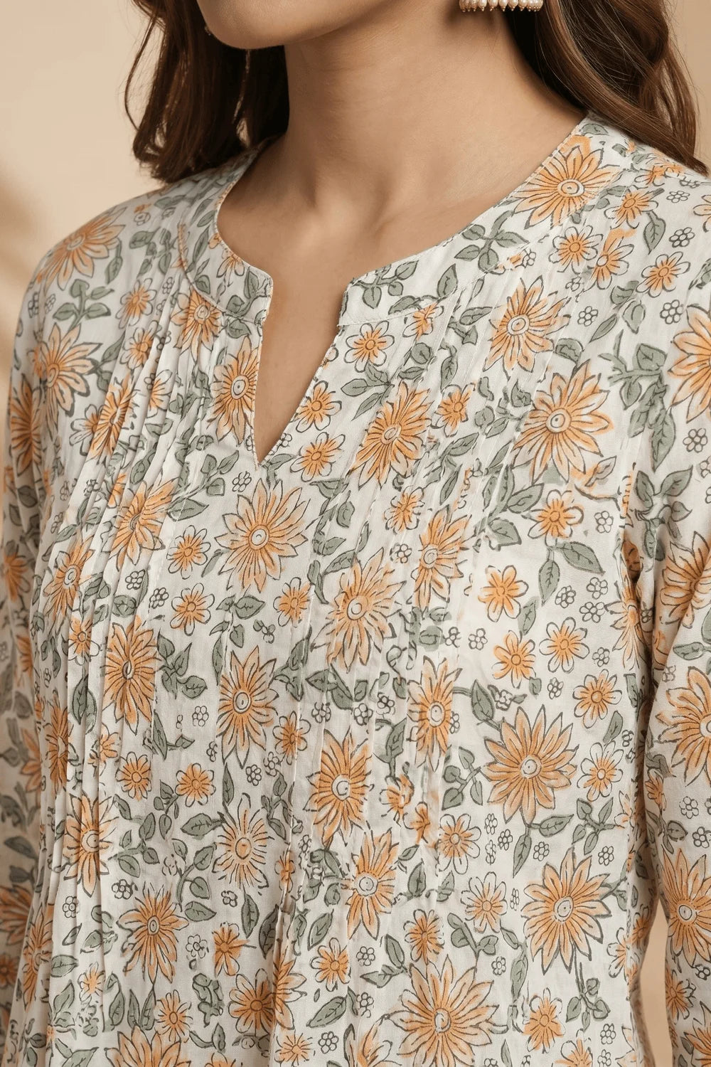 Golden Bloom Hand Block Cotton Pintuck Kurta