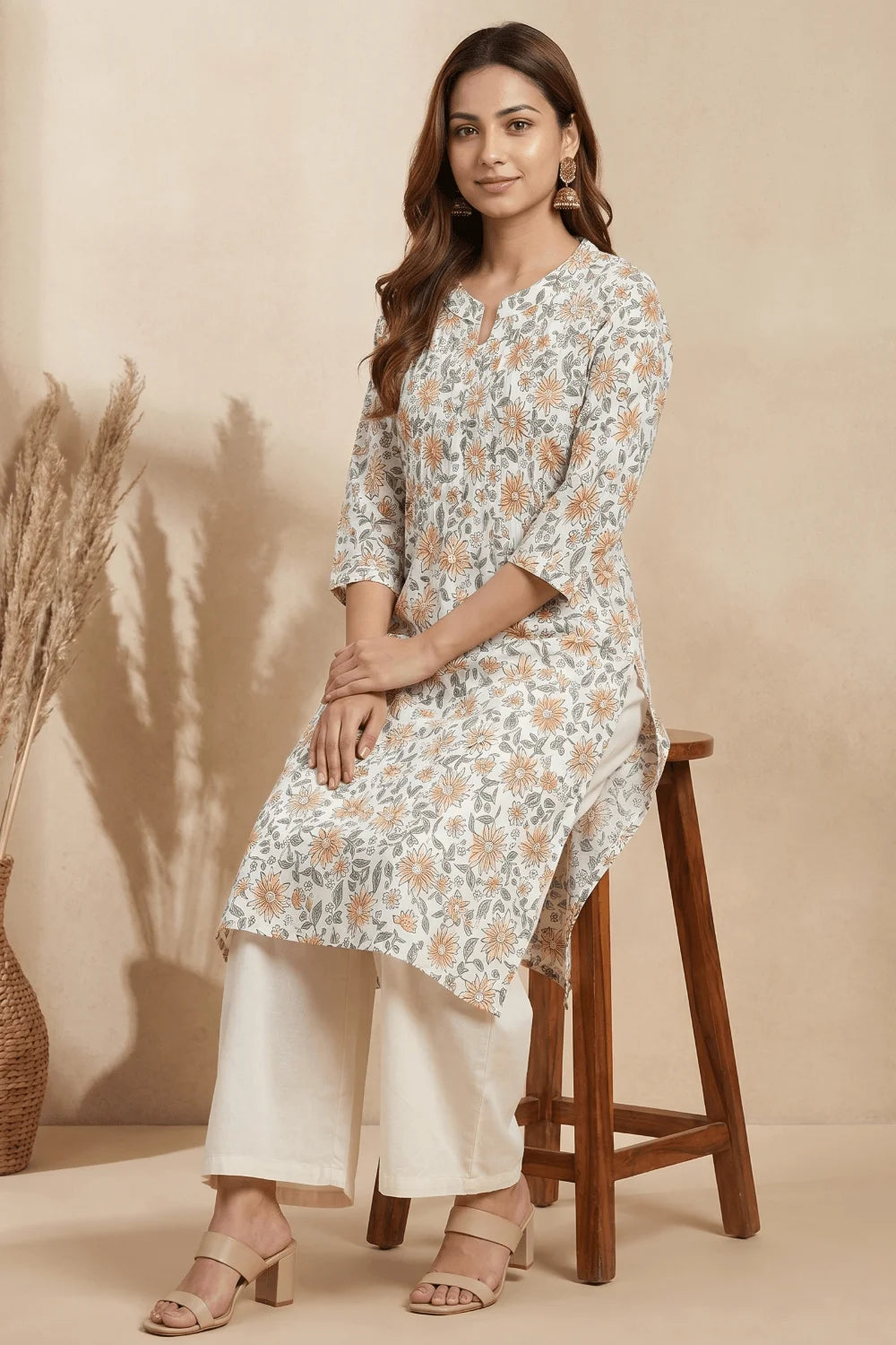Golden Bloom Hand Block Cotton Pintuck Kurta