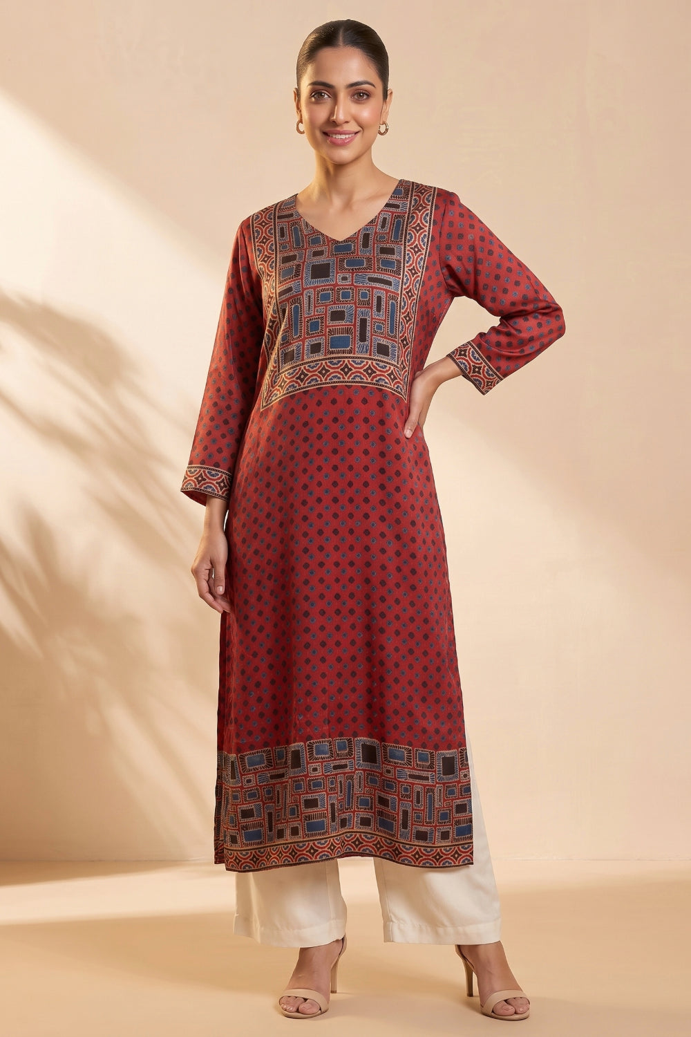 Rust Red Hand Ajrakh Placement Print Kurta Set in Modal Satin