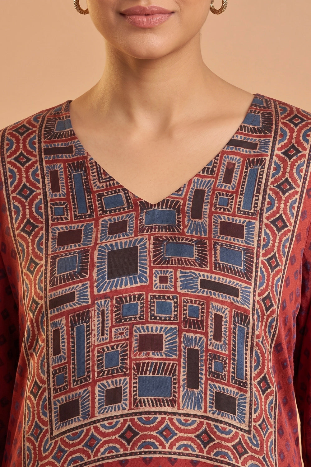 Rust Red Hand Ajrakh Placement Print Kurta Set in Modal Satin